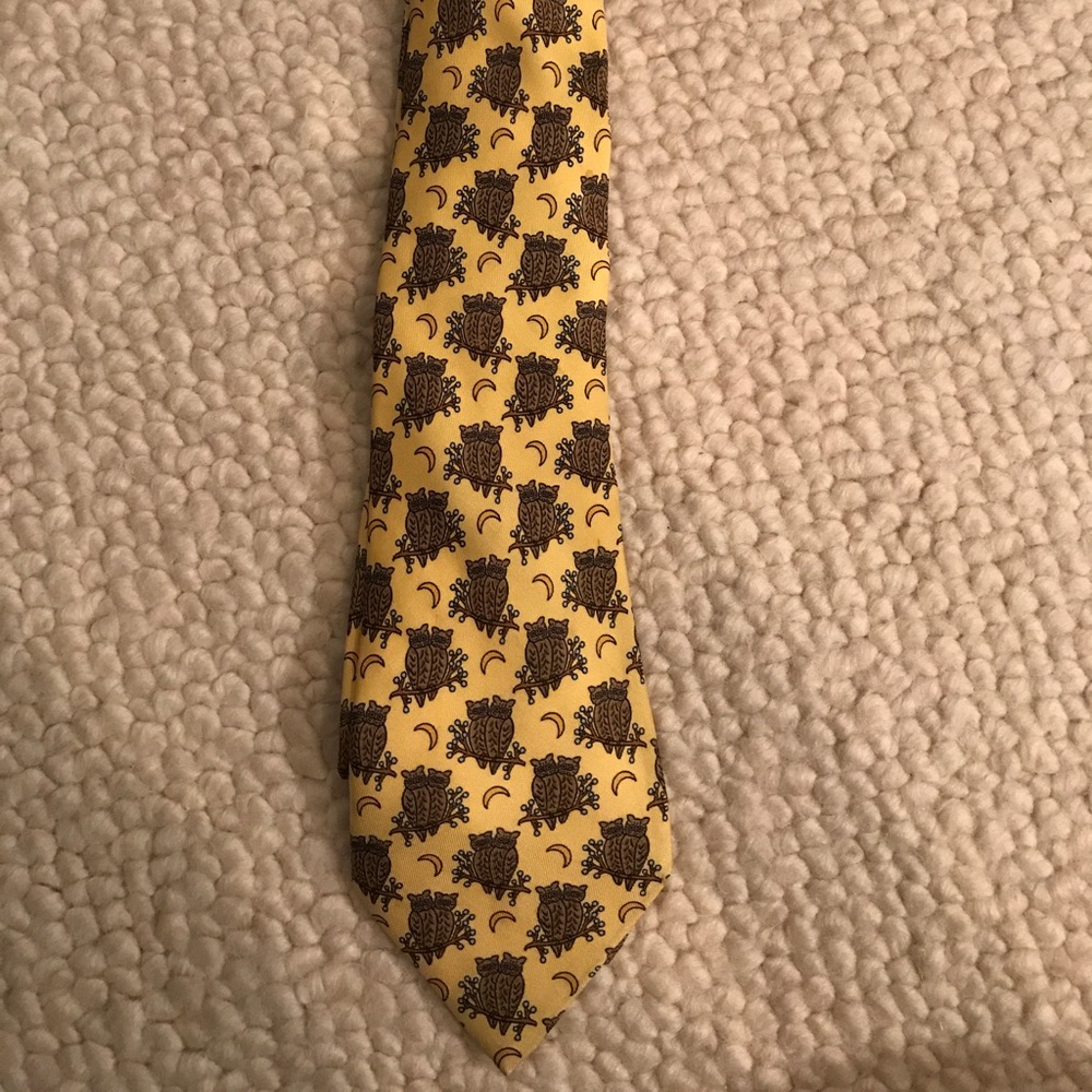 Hermès yellow OWL silk tie 100% authentic